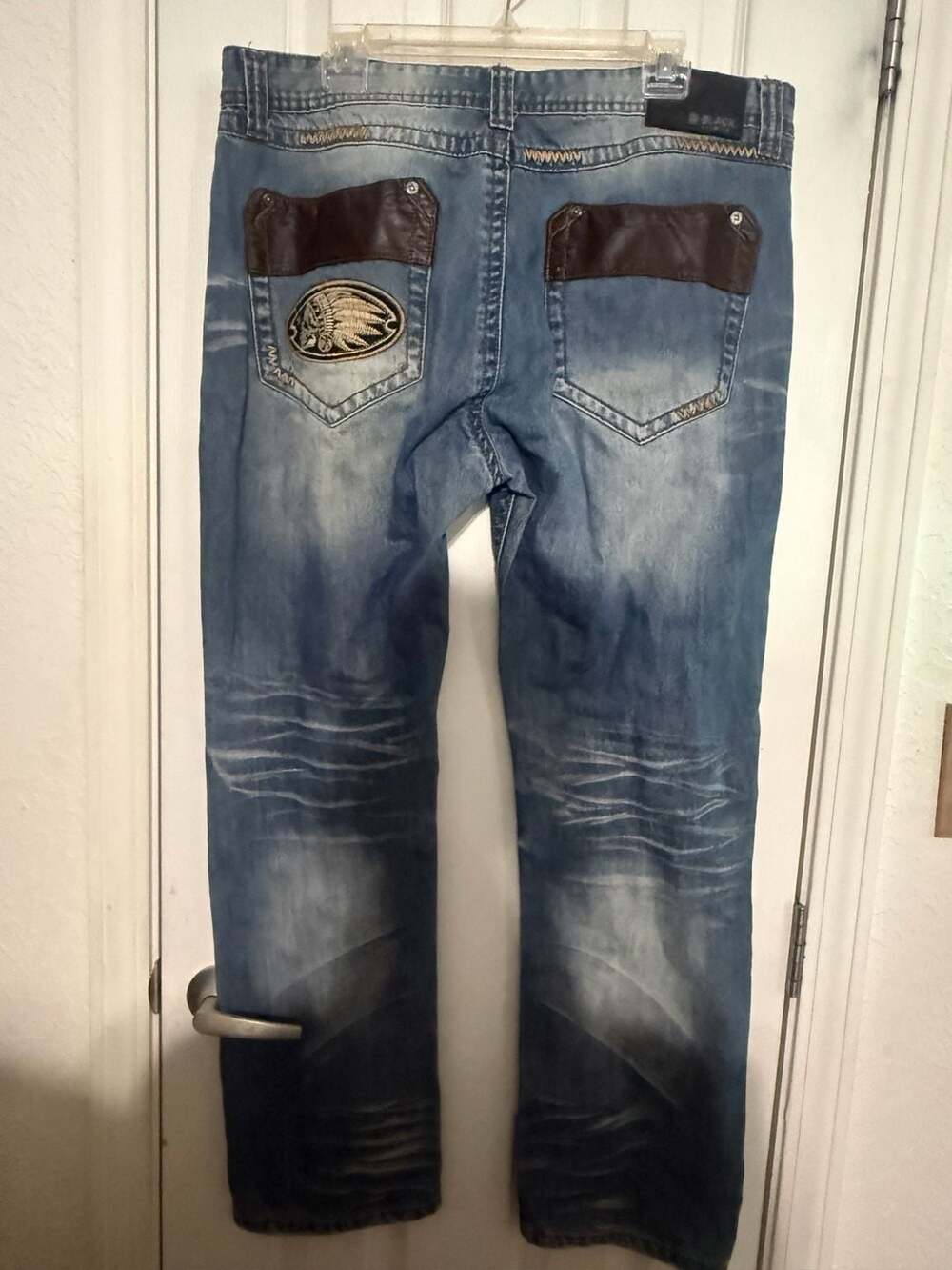 Black Premium Men's Denim Jeans with Leather Pocket Trim and Headdress 36x32